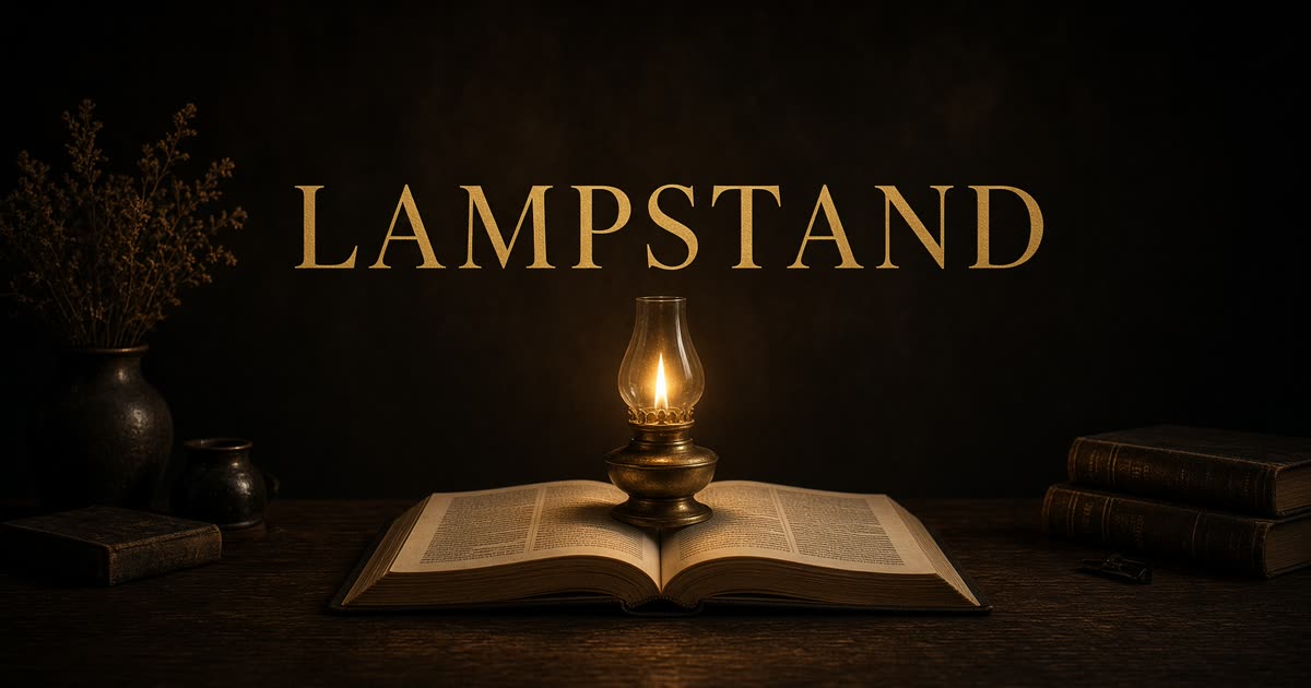 LAMPSTAND, an oil lamp burning over an open Bible. Art by Gabe.